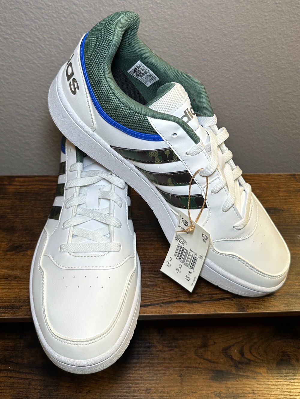 adidas White Sneakers with Green Liner and Blue Heel Trim